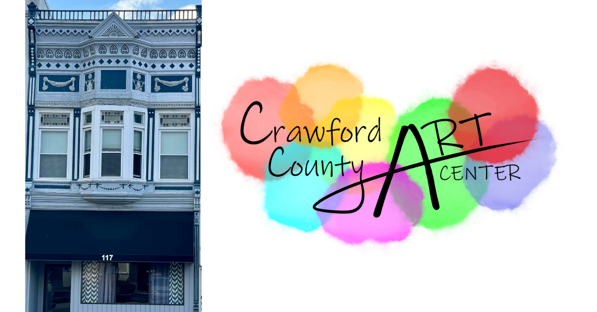 Front of Crawford Coutny Art Center building at 117 N Sandusky St., Bucyrus, OH next to Art Center logo